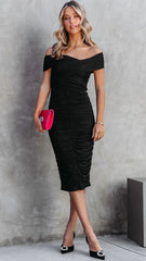 Black Off Shoulder Pencil Midi Dress