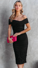 Black Off Shoulder Pencil Midi Dress